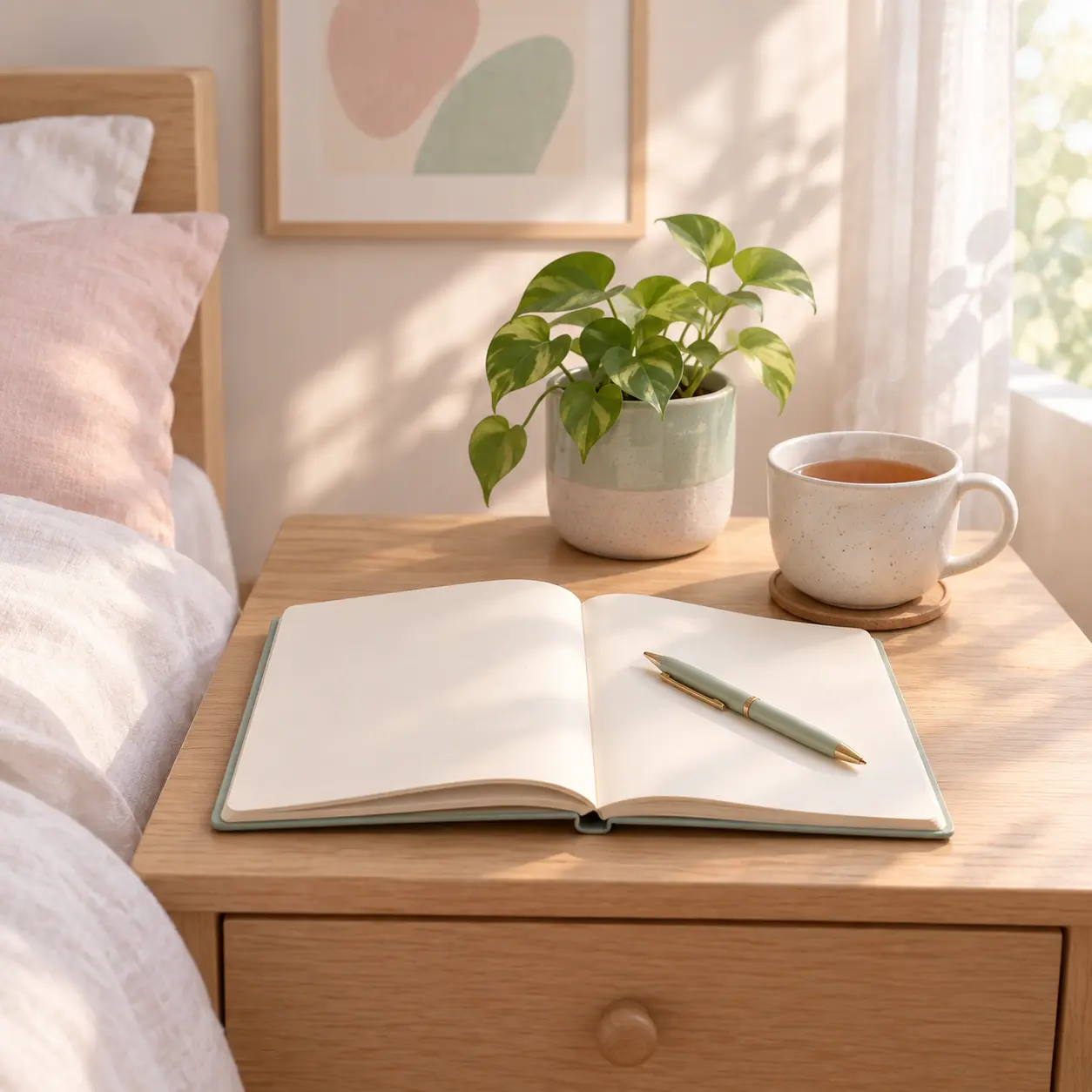 Libreta abierta con un bolígrafo junto a una taza de té y una planta sobre una mesita de noche