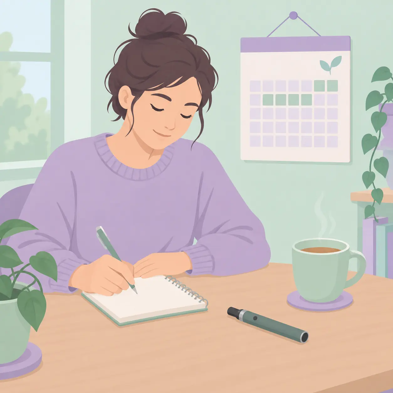 Persona que anota en una libreta junto a un vapeador genérico, un calendario y una taza de té