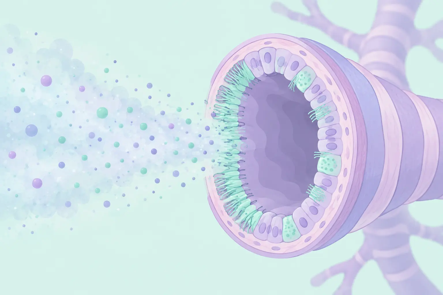 Esquema de una vía respiratoria con cilios y una nube de partículas de aerosol que se acerca