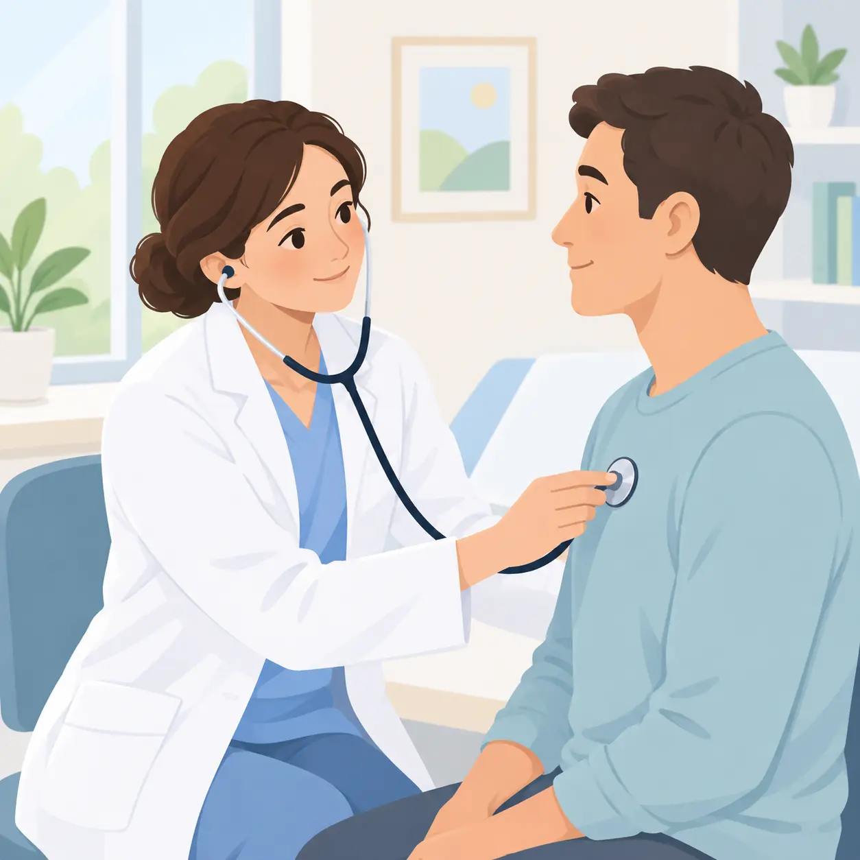 Médico con fonendoscopio escuchando el pecho de un paciente en una consulta luminosa