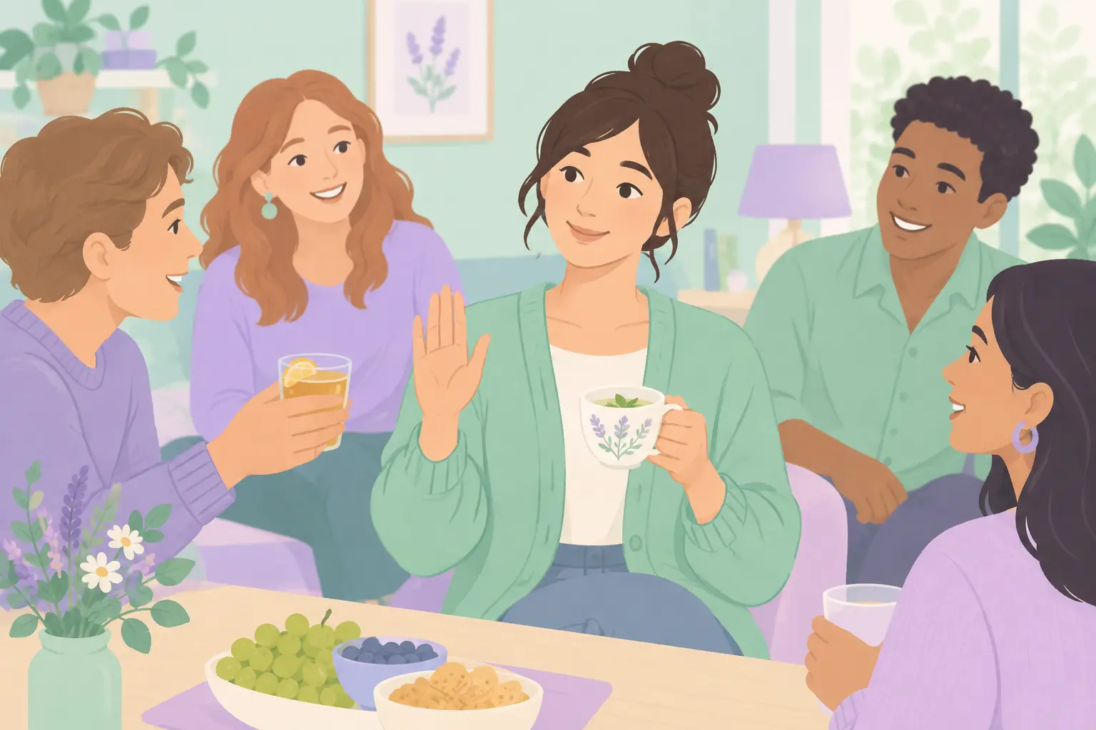 Persona que rechaza amablemente una pipa en una reunión y elige una infusión
