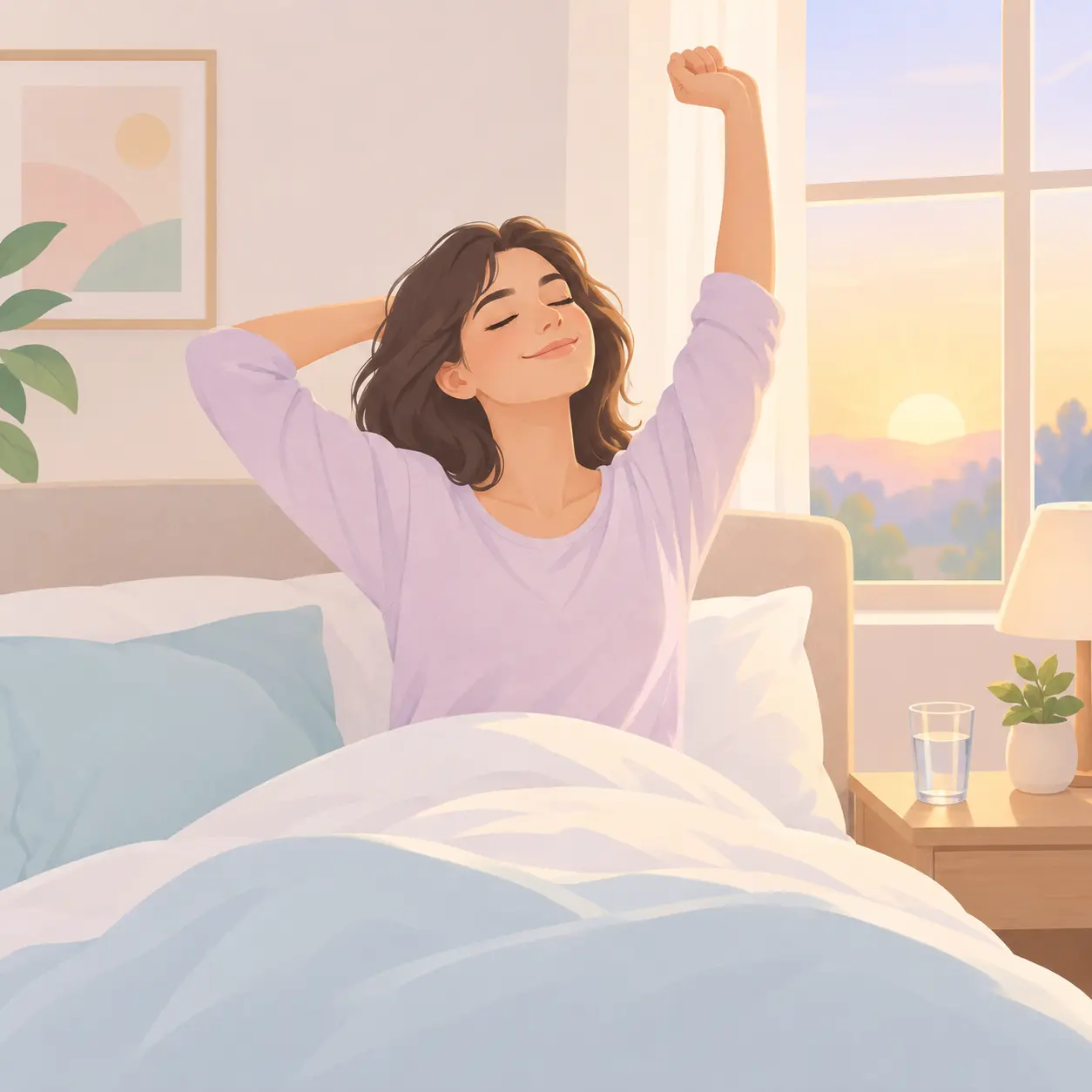 Persona que despierta tranquila por la mañana con alivio tras un sueño