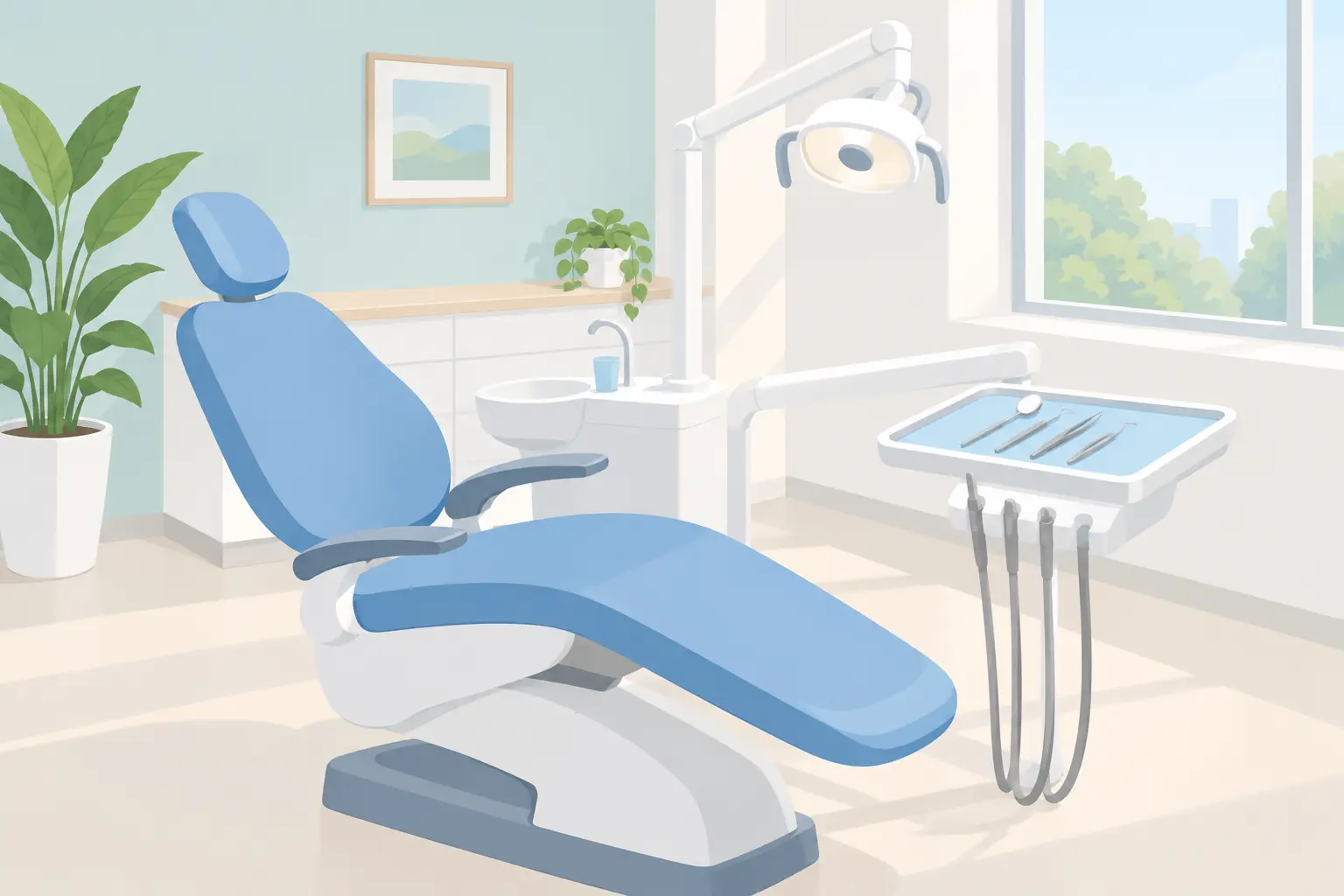 Consulta dental luminosa con un sillón, una lámpara y una bandeja de instrumentos