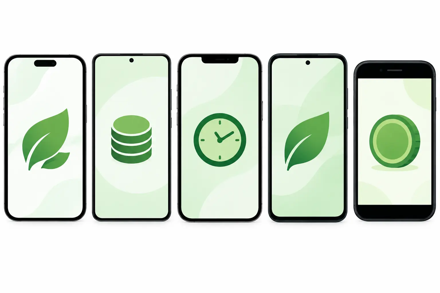 Varias pantallas de móvil con iconos de hoja, moneda y reloj para comparar apps